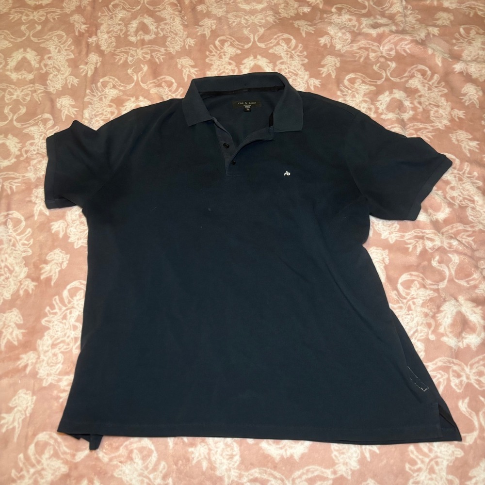 Rag & Bone Mens Short Sleeve Pique Polo Shirt Navy Blue XL Dagger Logo M000T121Y
